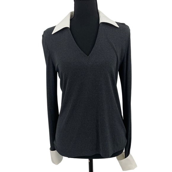 Lafayette 148 Top Womens S Dark Gray Viscose French Cuff Collared V-Neck Luxury